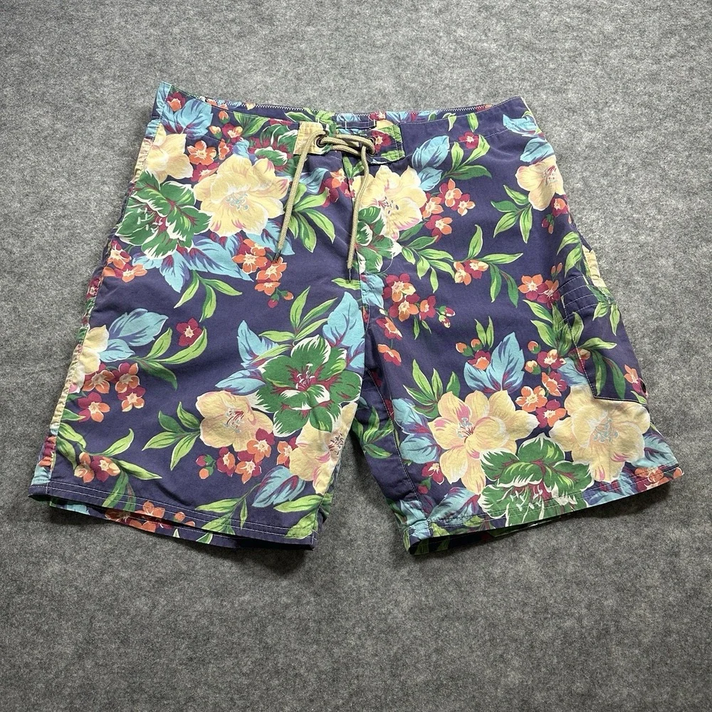 Polo Ralph Lauren Board Shorts Mens 38 Blue Floral Hibiscus Tropical Swim Trunks